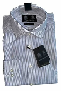 Austin Reed Mens Shirt 15" Blue White Striped Quick Iron Slim Fit Cotton NEW - Picture 1 of 7