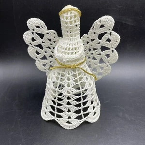 Crocheted 7” Starched Angel White Xmas Tree Topper Table Decoration Vintage - Picture 1 of 9
