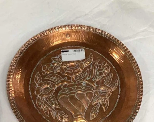 Hammered Copper Round Tray Floral Etched Decor - Image 1 of 1