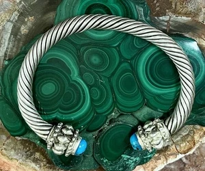 925 Sterling Silver 7mm Cable Cuff Bracelet Turquoise Mens Size M - Picture 1 of 7