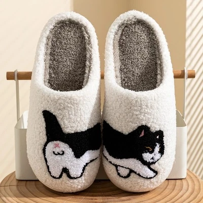 Women Winter Slippers Cute Walkin Cat Design Indoor Warm Plush Cozy Cotton Shoes - Image 1 of 4