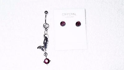 Purple Crystal Stone Belly Navel Ring Body Jewelry Piercing Free Earrings Set - Image 1 of 2