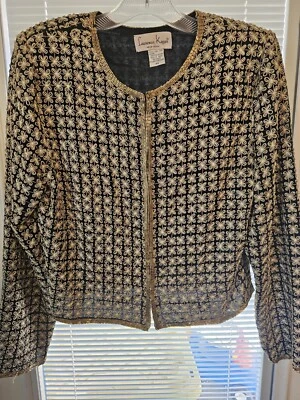 Chaqueta Blazer Corta De Colección Años 80 LAWRENCE KAZAR 100% SEDA Lentejuelas Cuentas Mujeres PS  Foto 1 de 4