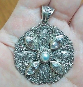 5.60ctw WHITE TOPAZ & CULTURED WHITE FRESHWATER PEARL STERLING PENDANT - Picture 1 of 9