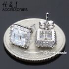 Men Solid 925 Sterling Silver Icy Cz 8mm Square 3d Push Back Stud Earring*ae239