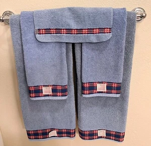 Vtg Ralph Lauren 5Pc Bath Towel Set Blue w/Red White Americana Trim Made in USA - Picture 1 of 14
