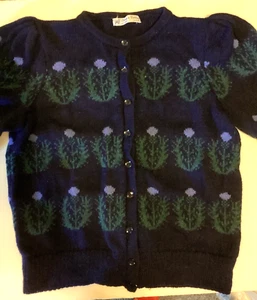 Vintage Schafspelz Wolle Strickjacke Pullover Schottland Distel Design dunkelblau - Bild 1 von 12