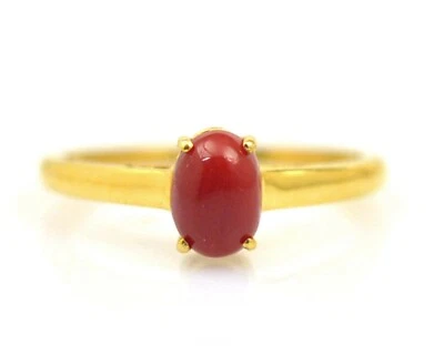 Anillo de oro macizo amarillo de 14K con piedras preciosas de coral rojo natural cabujón ovalado de 5X7 mm Foto 1 de 4