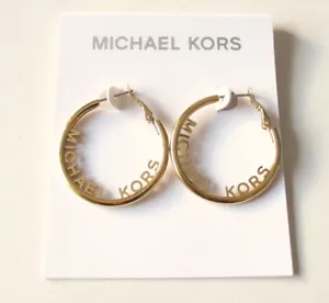 AUTHENTIC MICHAEL KORS GOLD TONE LOGO HOOP EARRINGS MKJ7993710 MKJ7993 $85 NEW - Picture 1 of 9