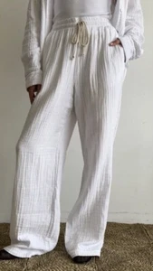 Donni Pants White Bubble Cotton Straight Wide Leg Elastic Waist Nwt Size XS - Picture 1 of 12