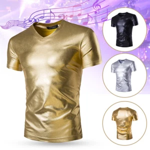 Herren Metallic glänzend Wetlook Kurzarm T-Shirt Tops Slim Fit Hemd und Krawatte - Bild 1 von 20