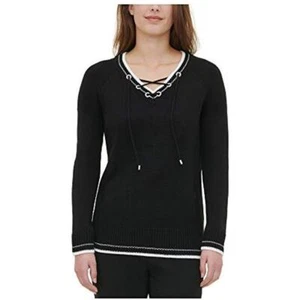 Calvin Klein Women's Lace Up Pullover V-Neck Sweater, Black, M - Bild 1 von 3