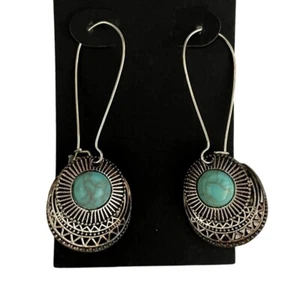 Boho Chic Silvertone and Faux Turquoise Dangle Earrings with French Wires - Picture 1 of 5