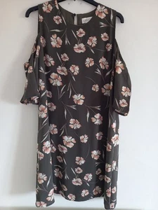 Apricot Size 14 L Khaki Cold Shoulder Dress Peach Floral Lined - Picture 1 of 12