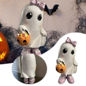 Arco Chica Fantasma con Cubo de Caramelo de Calabaza, Adorno de Halloween Resina Estatua Decoración - Imagen 1 de 12