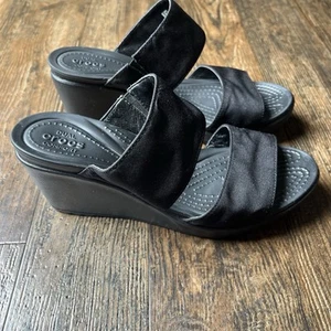 Crocs Leigh 2 Women's Black Strappy Wedge Heels, Size 9 Worn Twice Dual Comfort - Picture 1 of 7