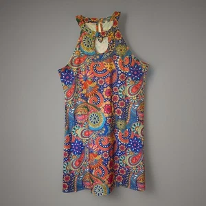 70s Style Halter Psychedelic Boho A Line Swingy Bright Paisley Floral Tank Dress - Picture 1 of 12