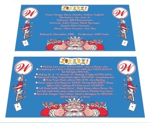 Williams Jokerz! Pinball Custom Apron Instruction Cards - Picture 1 of 1