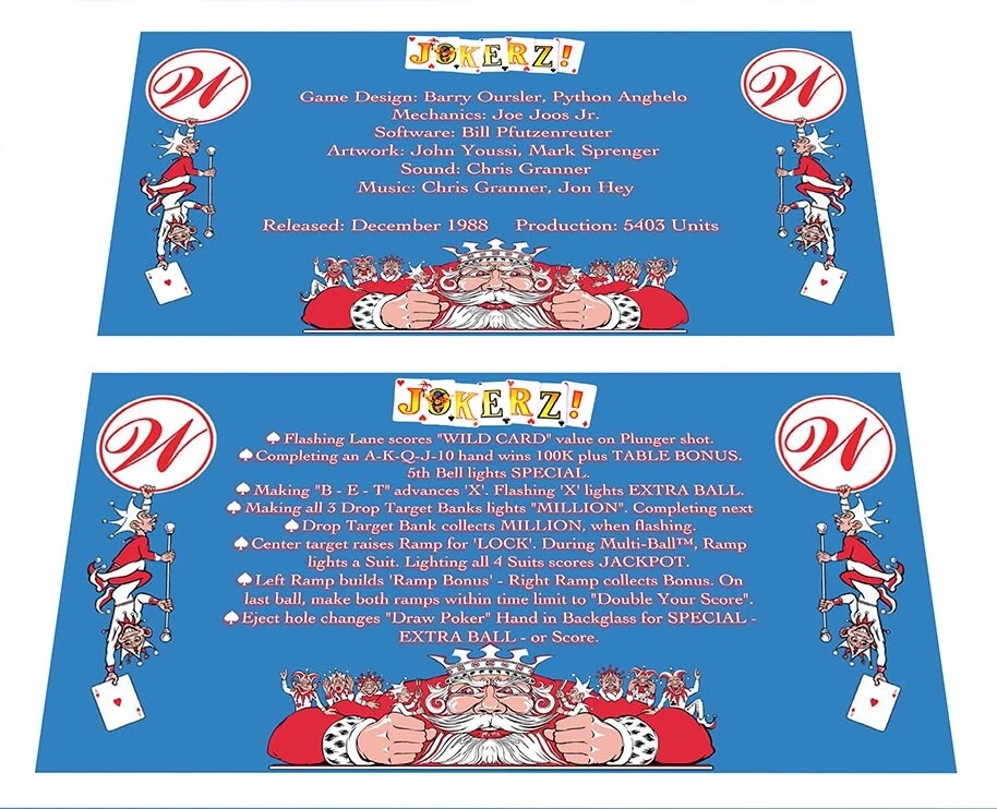 Williams Jokerz! Pinball Custom Apron Instruction Cards - Image 1 of 1