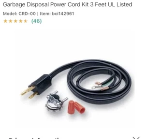 InSinkErator Power Cord Kit CRD-00 for Food Waste Disposer Emerson Badger New - Picture 1 of 4