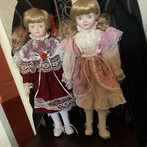 Twin Vintage Blonde, Blue-eyed, Porcelain Dolls 15” Tall - Picture 1 of 8