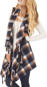 Womens Sleeveless Plaid Asymmetrical Hem Tassel Drape Open Front Cardigan - Picture 1 of 5