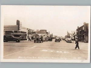 RPPC Postcard Manhattan Beach CA Blvd & Ave Old Cars Signs Drugs Hardware c1950 - Picture 1 of 2