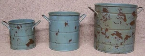 Flower Pot Blue Round set of 3 rustic nesting weathered metal planters NEW - Picture 1 of 3