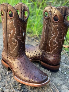 MEN'S BROWN OSTRICH QUILL LEATHER WESTERN RODEO EXOTIC COWBOY SQUARE TOE BOTAS - Picture 1 of 37