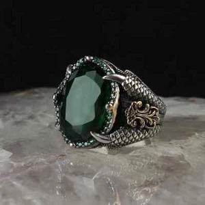 Herren Ring 925 Sterling Silber mit grünem zirkon stein massiv mit kralle - Picture 1 of 5