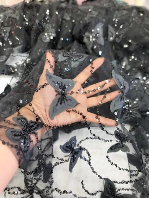 Black Butterfly Embroidery 3d Lace Sold by the Yard For Dress Prom Quinceañera  - Image 1 of 4