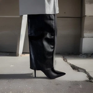 Worthington Black Stiletto Dress Boots Size 6.5 Fold Over Pointed Toe Night Out - Picture 1 of 18