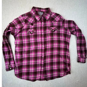Camicia western Wrangler Rancher donna 2XL rosa/marrone a quadri perla snap flanella - Foto 1 di 7
