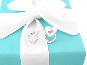 TIFFANY & CO SILVER STENCIL DOUBLE HEART PUFFY EARRINGS - Picture 1 of 5