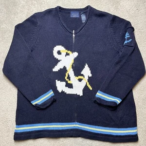 Crazy Horse Knit Anchor Cardigan Sweater Womens Plus Size 3 Blue Nautical Coast - Picture 1 of 8