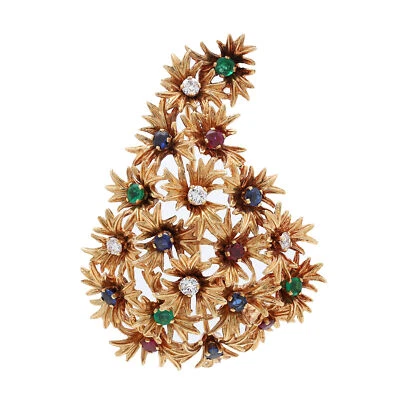 Broche Floral Vintage Diamante Esmeralda Zafiro Rubí Oro Amarillo 18K Foto 1 de 4