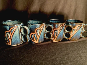 Handmade Pottery Blue Trigger Handle Mugs Set of 4 - Stoneware Coffee Mug Set - Picture 1 of 12