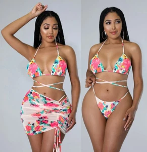 Womens Summer Fashion Two Piece And Cover Up Sheer Skirt Set Swimwear Bikini - Picture 1 of 6