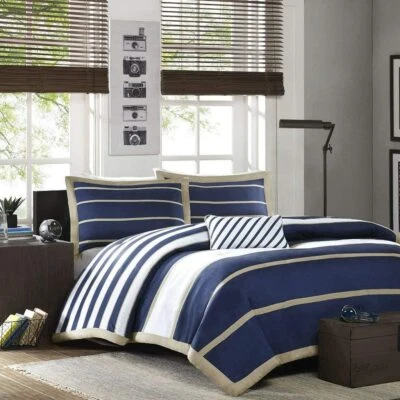 ~ NEW! ~ COZY MODERN SPORTY BLUE NAVY GREY WHITE TAN STRIPE BOYS COMFORTER SET - Image 1 of 4