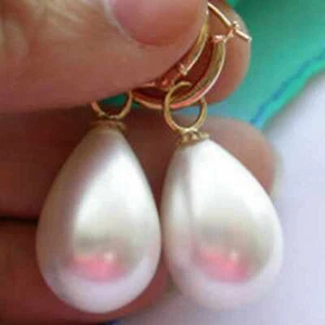 Natural 14X16mm southsea White shell Pearl Tear Drop Hoop Earrings Gold Casual - Picture 1 of 1