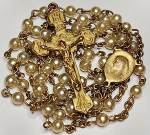 Vintage Catholic Rosary Gold Tone Crucifix Glass Beads Mother Mary Small - Picture 1 of 7