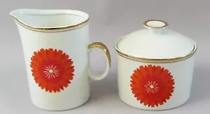 Vintage Jarolina Poland Jug Milk & Bowl Sugar Red Orange Flower Daisy - Picture 1 of 6