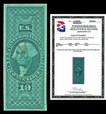 Scott R94a 1862 $10.00 Imperf Conveyance Used VF Cat $175 with PSE CERT - Image 1 of 2