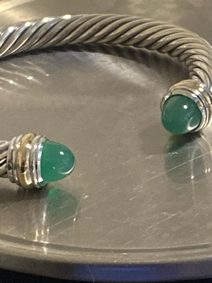 David Yurman 925 Sterling Silver 7mm Green Onyx  and  585 Gold Cable Cuff Medium - Image 1 of 4