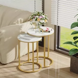 WISFOR Set of 2 Stacking Round Sofa Side Tables Small Marble Top Table Furniture - Picture 1 of 12