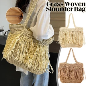 Borsa a tracolla donna tessuto artificiale paglia grande estate borsa spiaggia borsa a mano - Foto 1 di 18