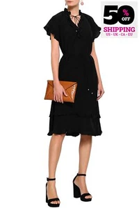 RRP€790 ZIMMERMANN Silk Ruffle Swing Dress US4 AU0 XS Black Waist Tie Collared - Picture 1 of 7