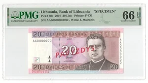 Lithuania 2007 20 litu SPECIMEN UNC PMG 66 - Picture 1 of 1