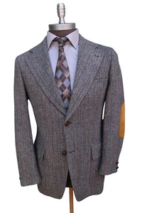 Harris Tweed Vaughn Tweed Gray Herringbone Two Button Blazer Leather Elbow 44L - Picture 1 of 9