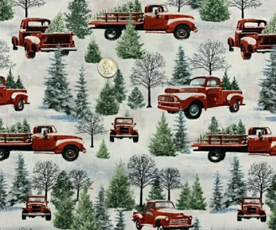 CHRISTMAS "THE TRADITION CONTINUES" VINTAGE RED TRUCKS FABRIC HENRY GLASS 1/2yd - Image 1 of 2
